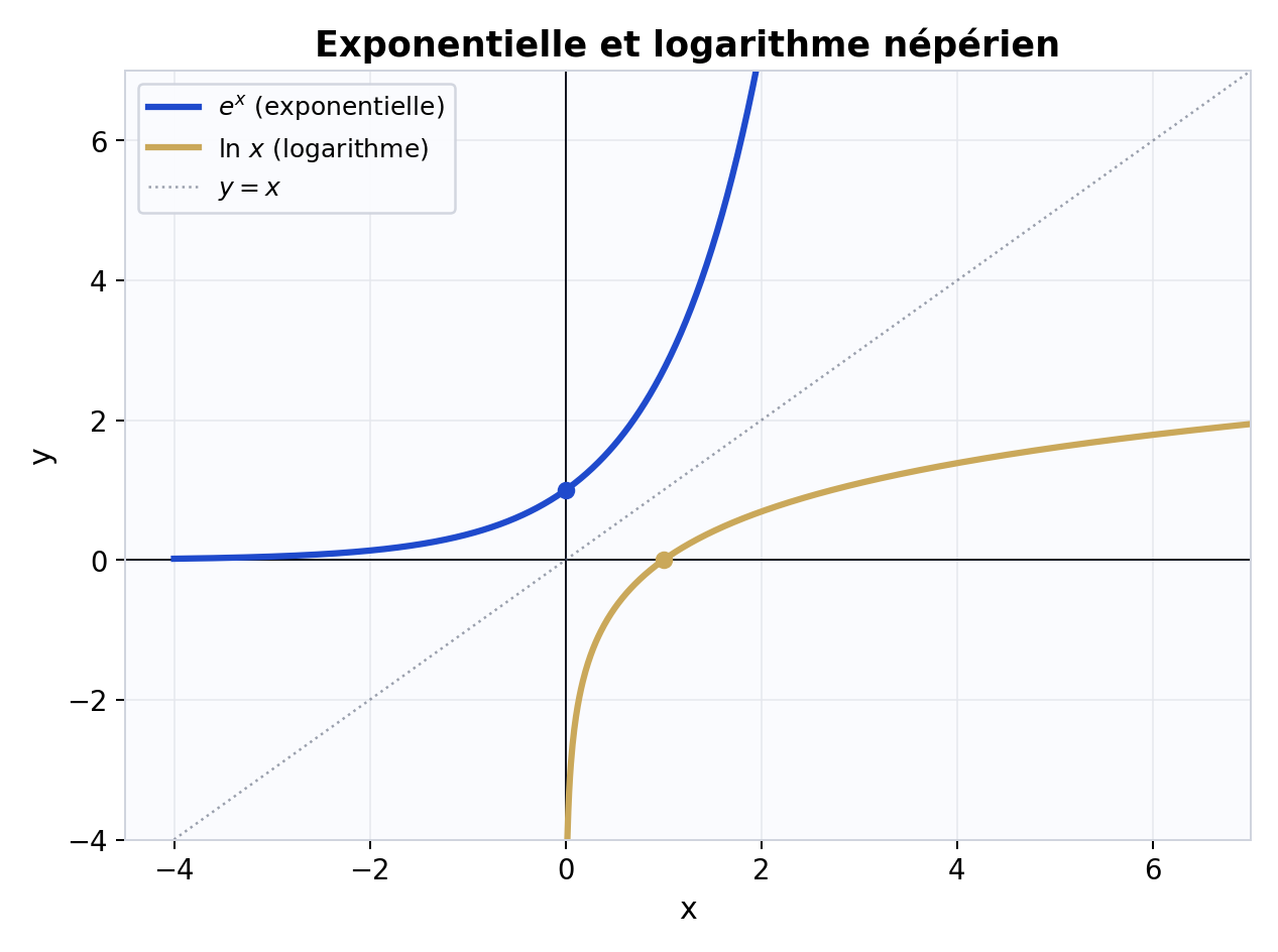 Courbes de l'exponentielle et du logarithme népérien, symétriques par rapport à y = x