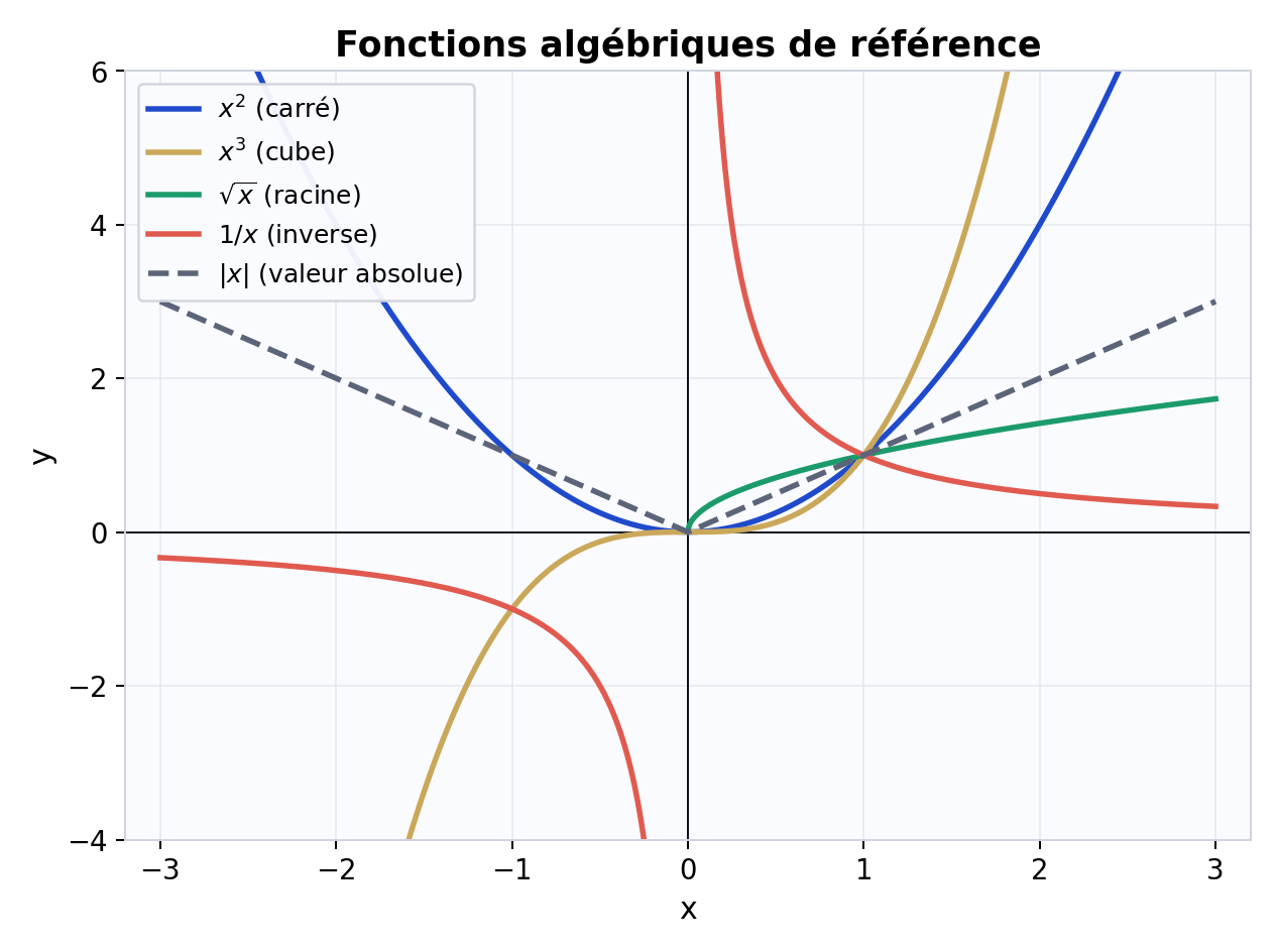 Courbes des fonctions algébriques de référence : carré, cube, racine carrée, inverse et valeur absolue