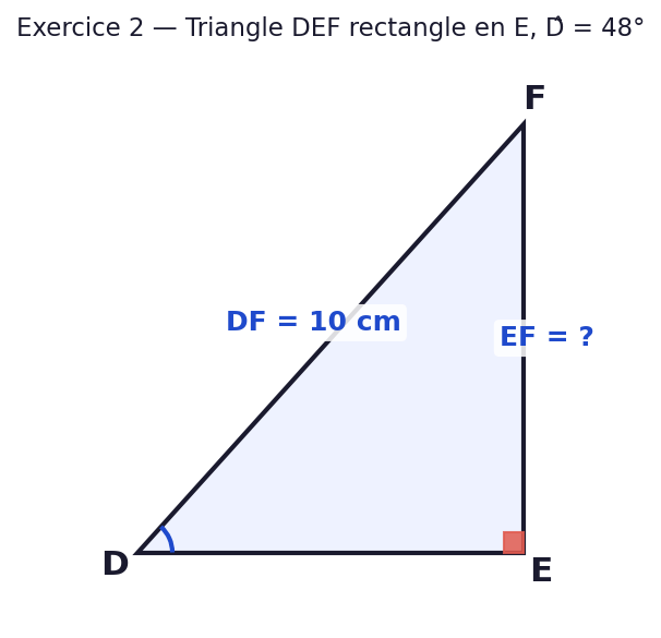 Triangle DEF rectangle en E. Angle D = 48 degres. Hypotenuse DF = 10 cm. On cherche EF.