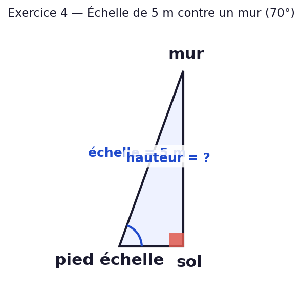 Echelle de 5 m posee contre un mur, formant un angle de 70 degres avec le sol. On cherche la hauteur atteinte.