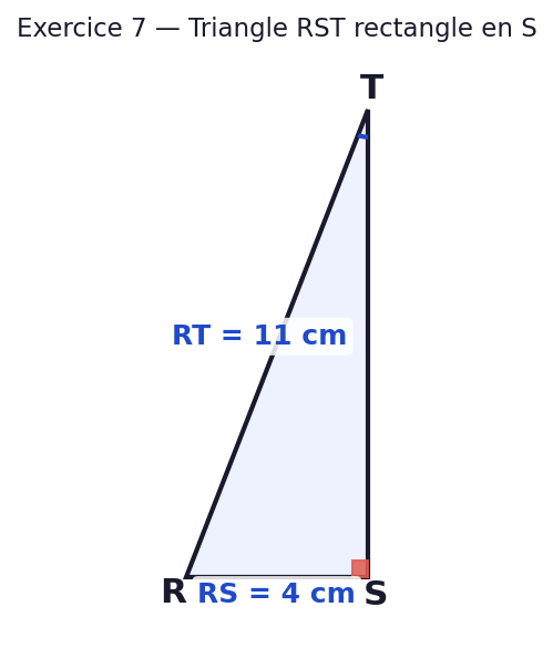 Triangle RST rectangle en S. RT = 11 cm (hypotenuse), RS = 4 cm. On cherche l angle T.