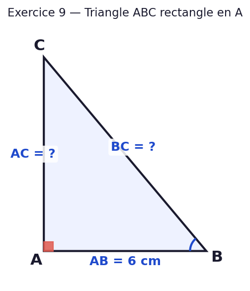 Triangle ABC rectangle en A. AB = 6 cm, angle B = 50 degres. On cherche AC et BC.