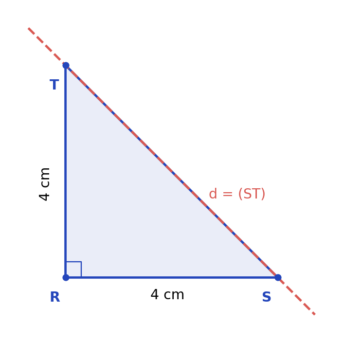 Triangle RST rectangle et isocèle en R ; axe porté par ST