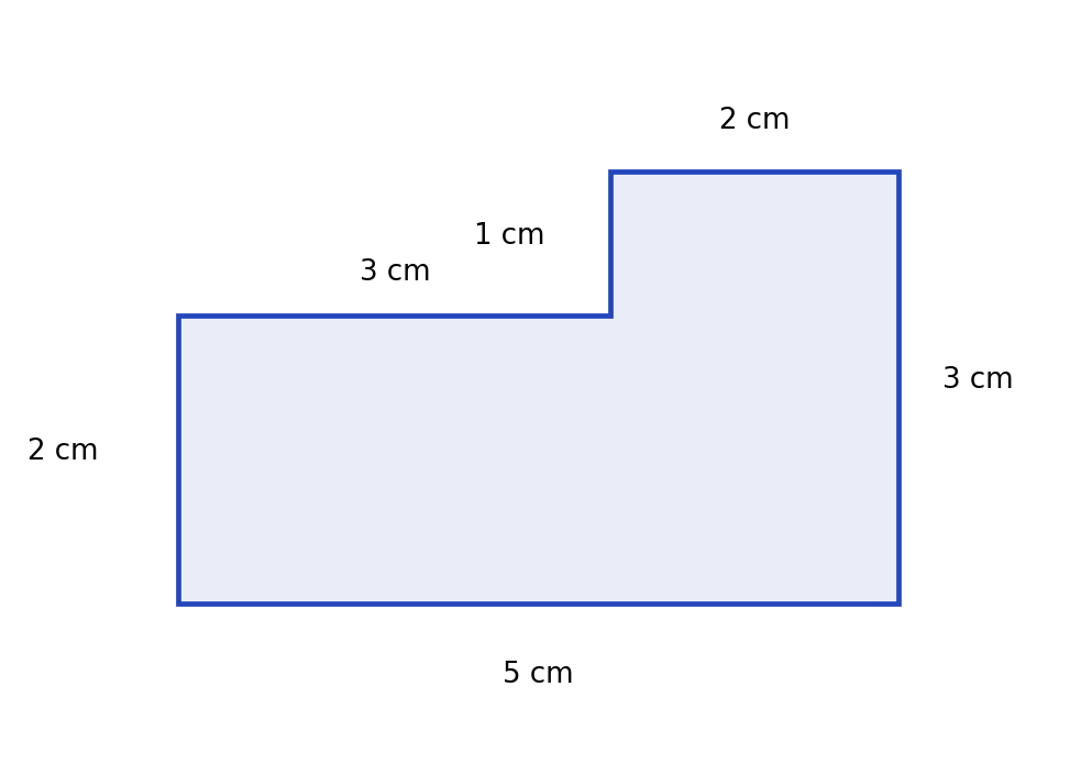 Figure en L : les six côtés mesurent 5, 3, 2, 1, 3 et 2 cm