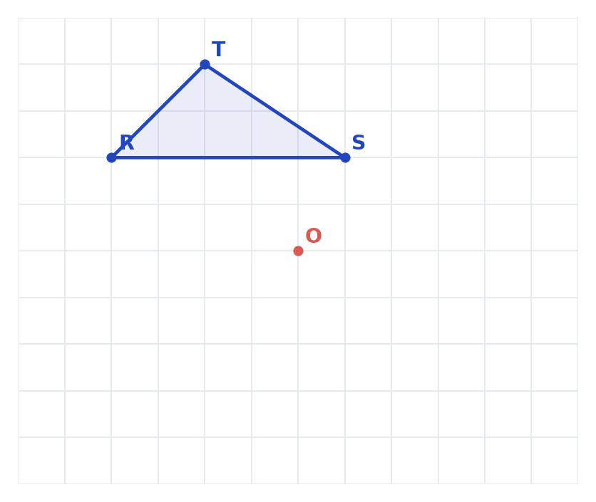 Triangle RST sur quadrillage et centre O