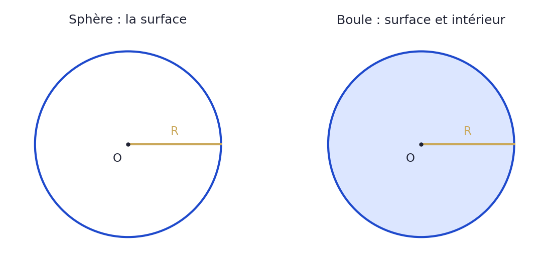 Deux coupes schématiques distinguent le contour de la sphère et le disque rempli correspondant à la coupe d'une boule.